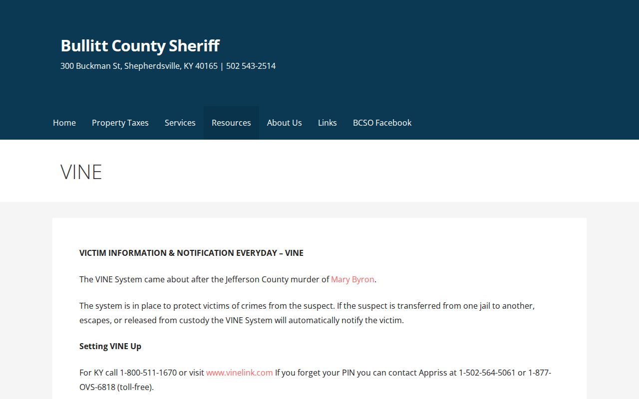 Bullitt County Sheriff official VINE information page