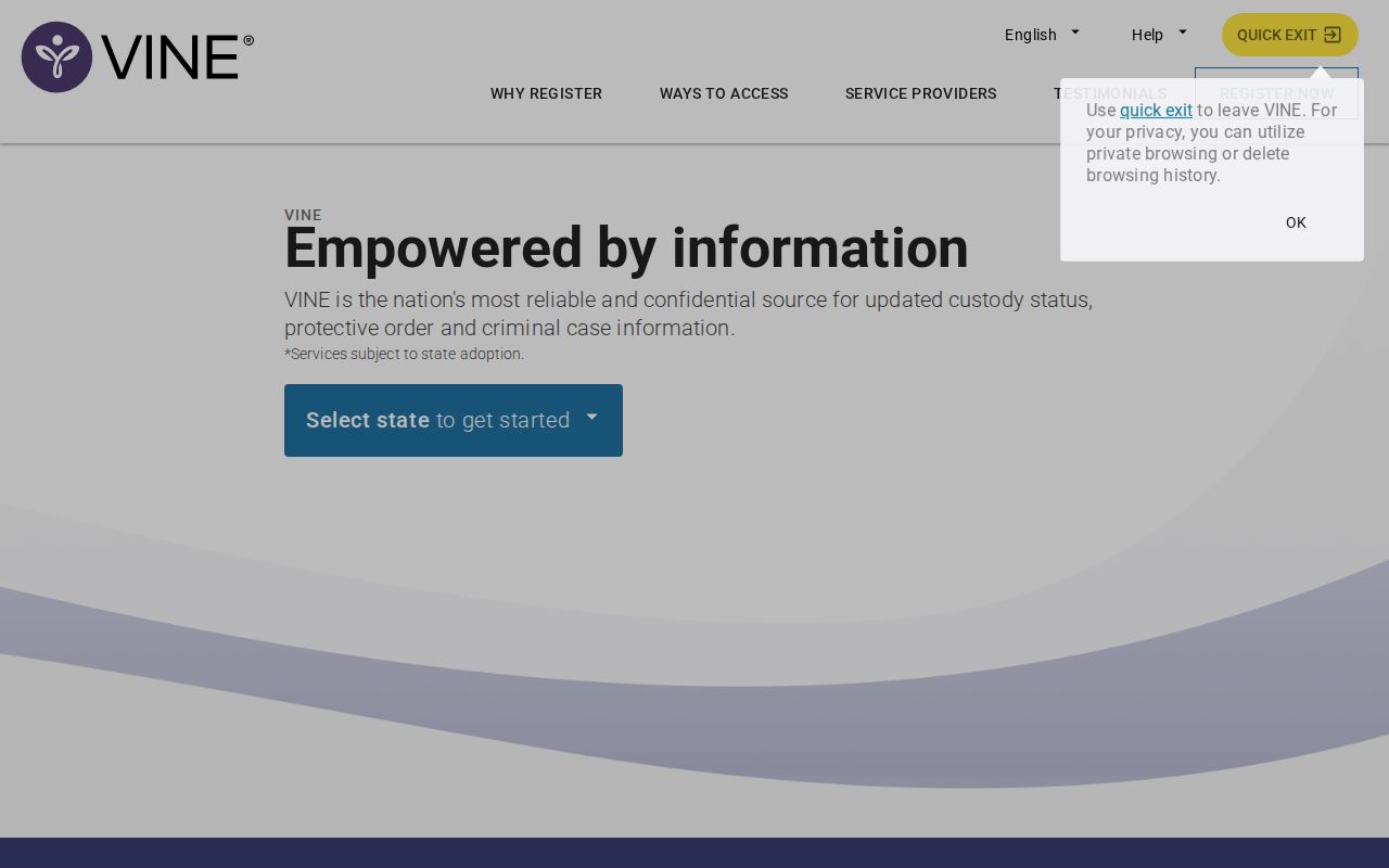 VINELink registration screen for custody notifications
