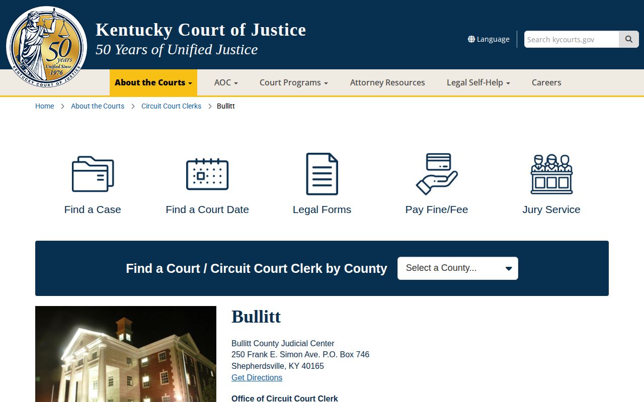 Kentucky Court of Justice page for Bullitt County court contacts and records