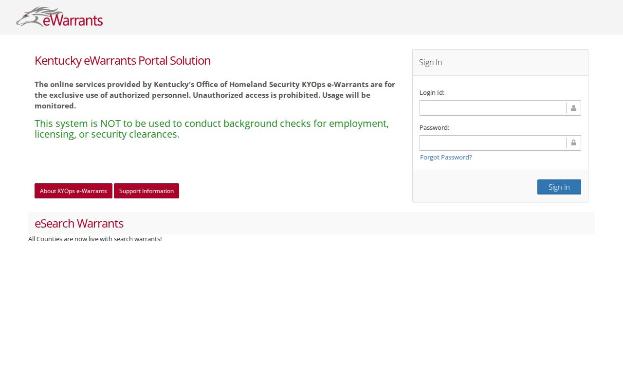 Restricted Kentucky eWarrants system login page