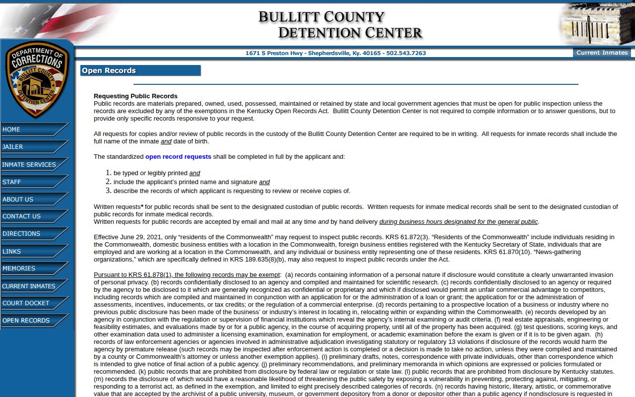 Bullitt Detention Center open records request instructions and fees