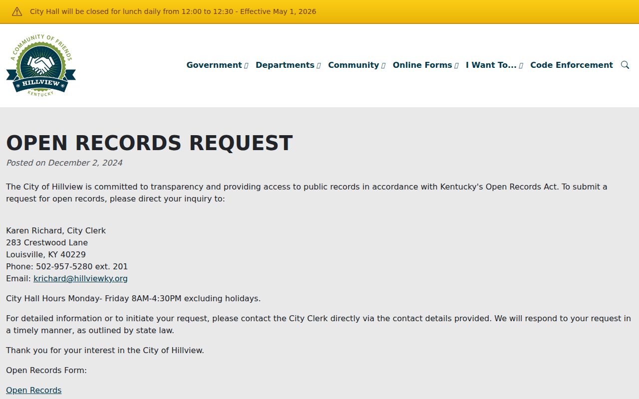 Hillview Kentucky open records request webpage