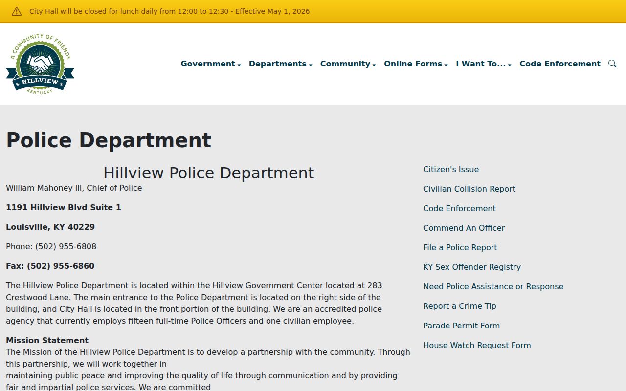 Official Hillview Police Department information page