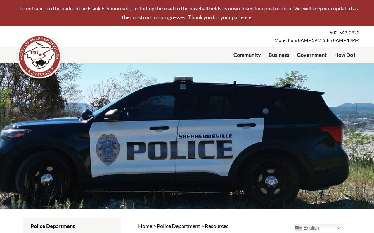 Shepherdsville Police Department resources webpage
