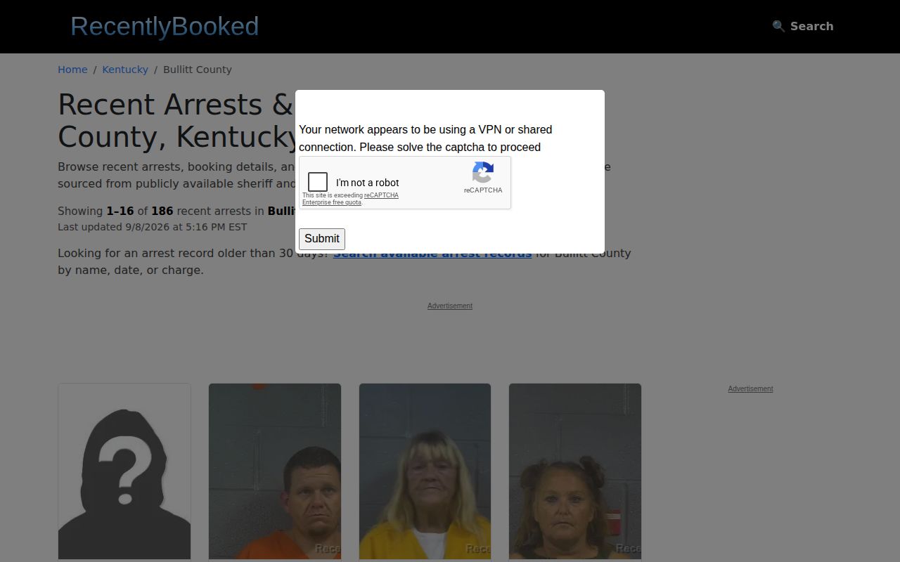 Bullitt County private multi-day arrest archive interface
